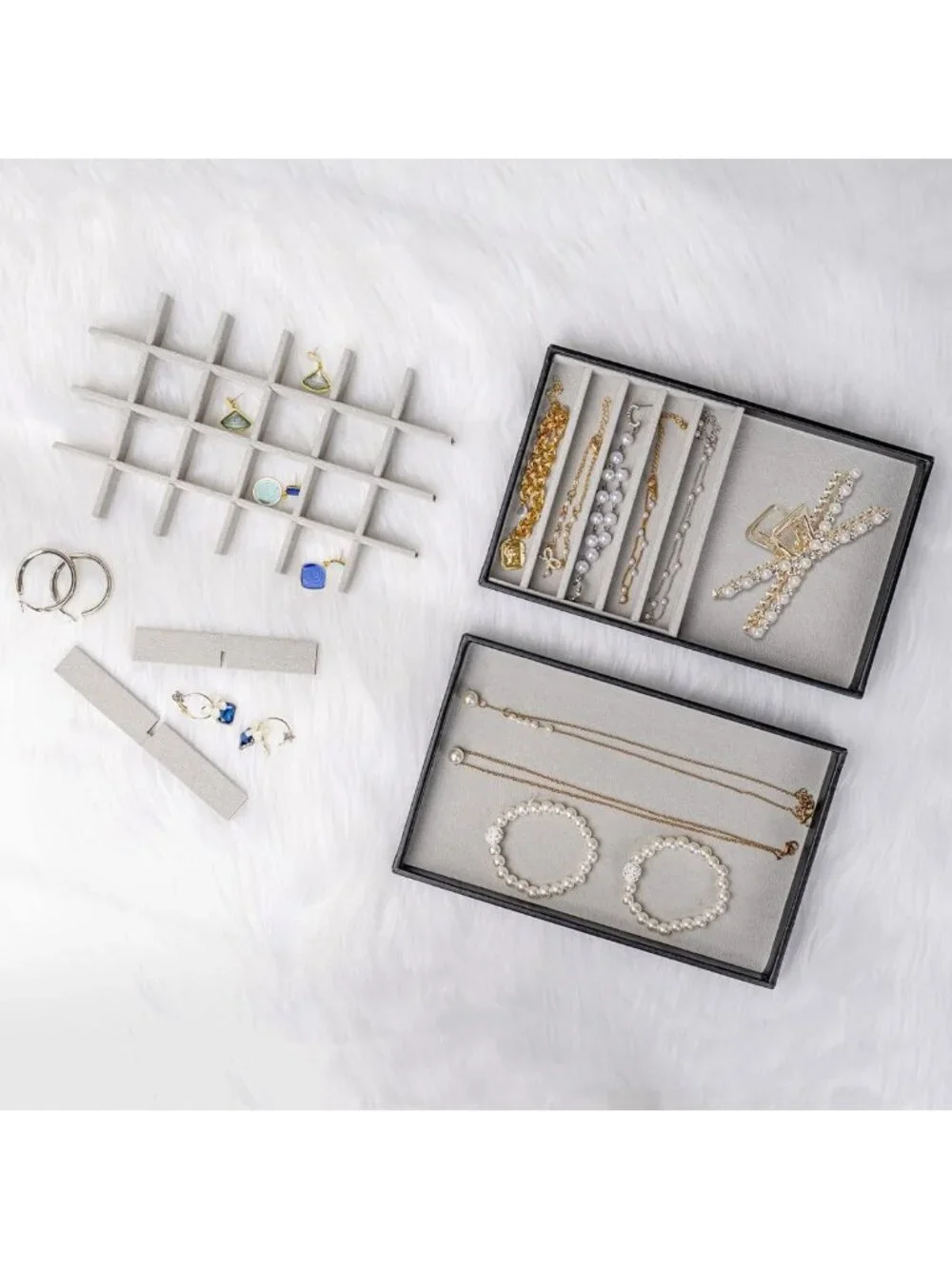 Stackable Jewelry Organizer Trays for Drawers - 4 Layer Storage with Removable